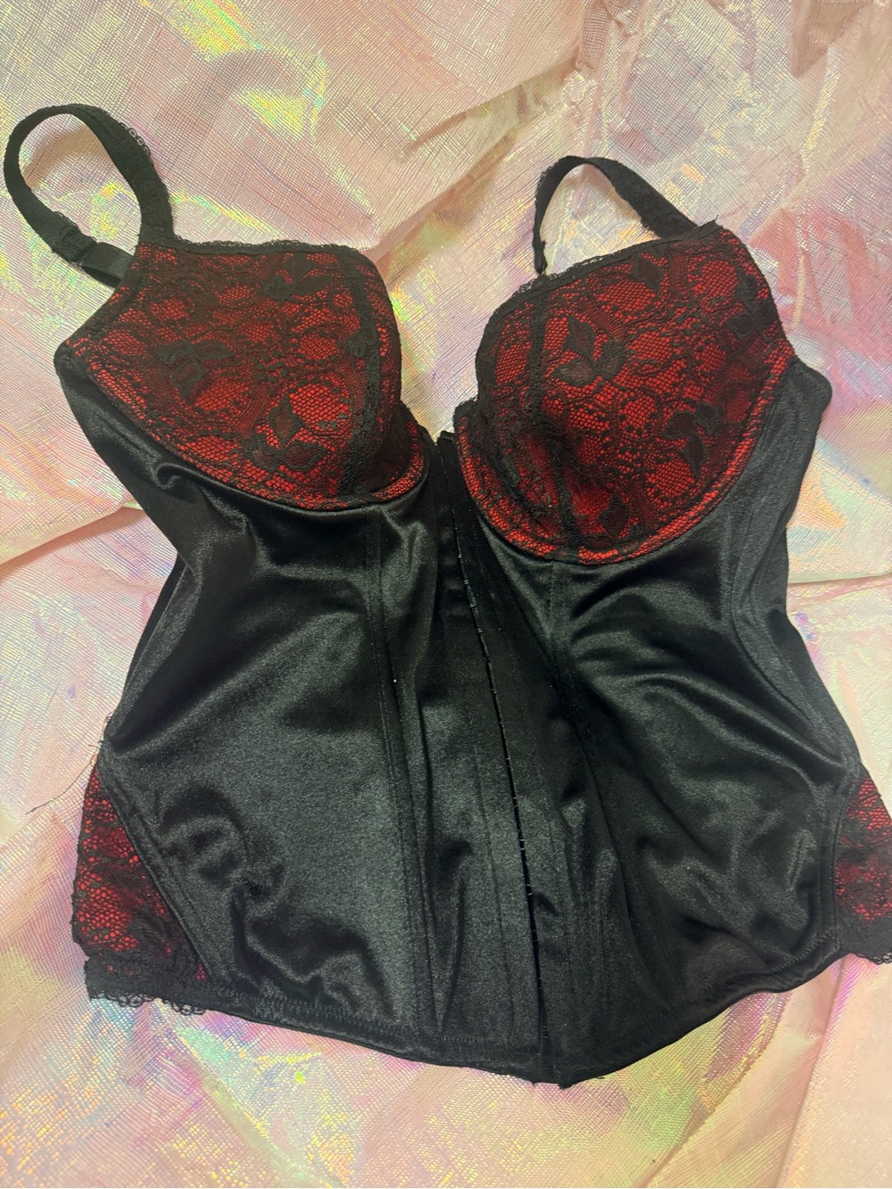 Red Lace-Overlay Satin-like Bustier with Black Body